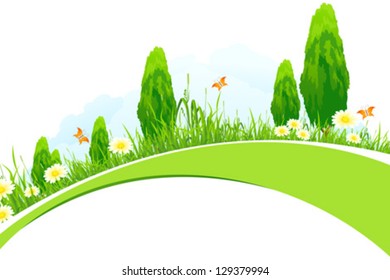 Green Landscape with  Trees, Grass, Flowers and Clouds isolated on white background