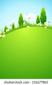 Green Landscape with Trees, Grass, Flowers and Clouds