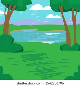 Green landscape with trees and lake under the sky and clouds. Purple mountains on the horizon. Flat cartoon vector illustration.