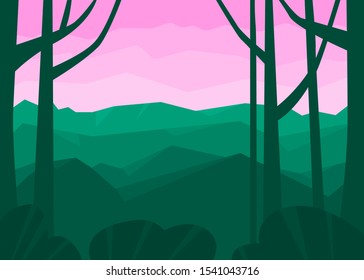 Green landscape with trees and mountains under the purple sky and pink clouds. Hills on the horizon. Flat cartoon vector illustration.
