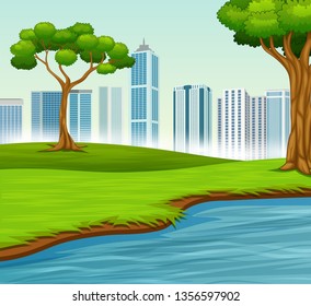 Green landscape with trees river and city with skyscrapers