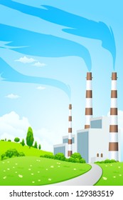 Green Landscape with Trees, Road and Power Plant