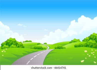 Green landscape with trees and road. Summer landscape scene with cloudy sky. Vector Illustration.