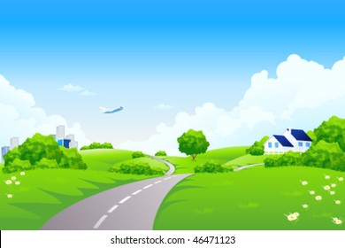 Green landscape with trees and road. Summer landscape scene with cloudy sky. Vector Illustration.