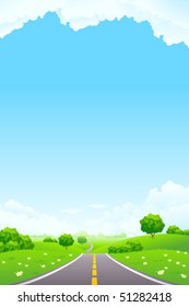 Green landscape with trees and road. Summer landscape scene with cloudy sky. Vector Illustration.