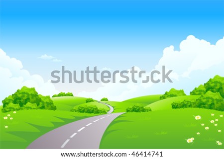 Green landscape with trees and road. Summer landscape scene with cloudy sky. Vector Illustration.