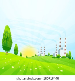 Green Landscape with Trees, Sun and Power Plant