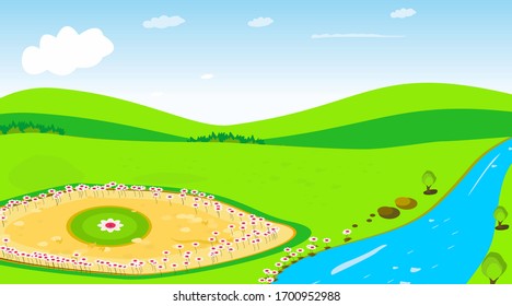 Green Landscape vector illustration with beautiful flower garden besides river