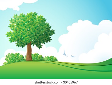 Green landscape. Vector illustration. Elements are layered separately in vector file.