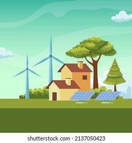 Green landscape view with windmill and solar panel for renewable energy for better and save earth future technology