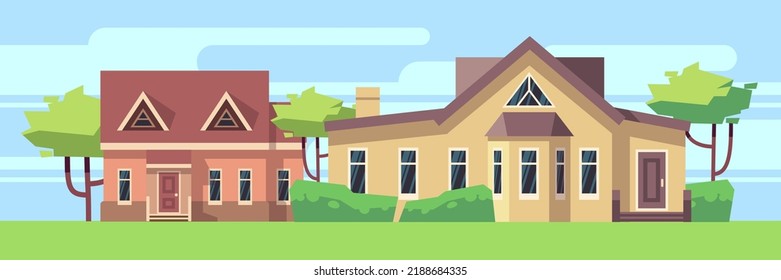 Green landscape with villas. Townhouses front. Real estate property
