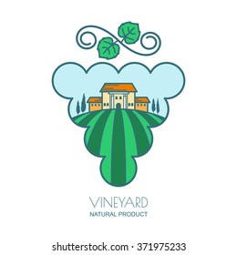 Green landscape with vineyard fields, villa, trees in grape berries shape. Outline vector illustration of rural landscape. Concept for wine list, labels, package, agriculture and harvesting grapes.
