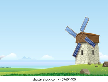 Green landscape with windmill with wings of solar panels on the Bay