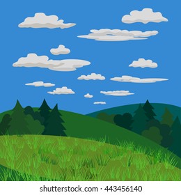 Green landscape. Wood with bush tree,  spruce silhouette. Country view with hills meadows fields. Green grass in mountain valley. Blue sky, clouds. Countryside scene background. Vector Illustration