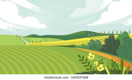 Green landscape with yellow field. Lovely rural nature. Beautiful summer flowers. Vector illustration of beautiful field landscape with green hills, bright color sky, background in flat cartoon style.