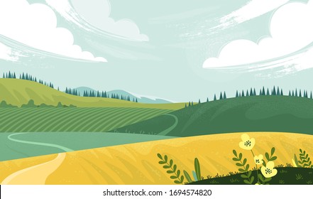 Зеленый пейзаж с желтым полем. Прекрасная сельская природа. Вид на сельскую местность Векторная иллюстрация красивого полевого пейзажа с зелеными холмами, ярким цветным небом, фоном в плоском мультяшном стиле.