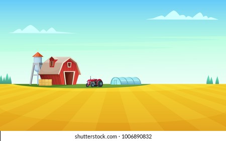 Green landscape with yellow fields. Lovely rural nature. Unlimited space. Vector illustration.