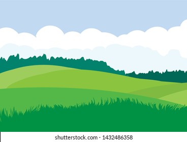 Green landscape with yellow fields. Lovely rural nature. Unlimited space. Vector illustration.