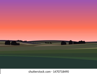 Green landscape with yellow fields. Lovely rural nature. Unlimited space. Vector illustration.