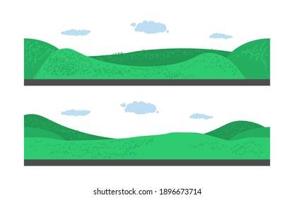 Green landscape with yellow fields. Lovely rural nature. Unlimited space. Vector illustration. EPS10