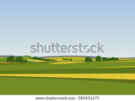 Green landscape with yellow fields. Lovely rural nature. Unlimited space. Vector illustration.