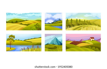 Green Landscapes with Hills and Clear Sky Vector Illustration Set