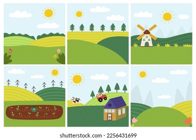 Green landscapes set in cartoon style. Farm background collection. Bundle with summer meadow prints. Doodle summer countryside. Vector illustration