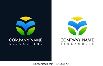 Green Lanscape Nature Leaf Circle Logo Design Vector Illustration Template