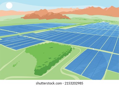 Green Lanscape Of Solar Panels In A Sunny Day.