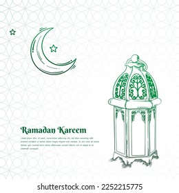 Linterna verde en diseño dibujado a mano con luna creciente y fondo de patrón transparente para ramadán