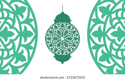 Green lanterns with floral patterns on white background for decorative design elements in islamic or arabic inspired art and culture with Islamic art and Arabic culture