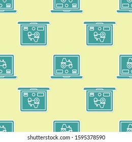 Green Laptop application for control a autonomous tractor on a smart farm icon isolated seamless pattern on yellow background. Smart agriculture implement.  Vector Illustration