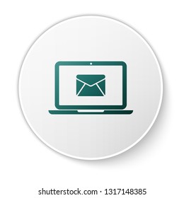 Green Laptop with envelope and open email on screen icon isolated on white background. Email marketing, internet advertising concepts. Green circle button. Vector Illustration