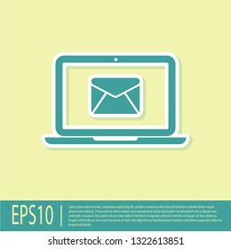 Green Laptop with envelope and open email on screen icon isolated on yellow background. Email marketing, internet advertising concepts. Vector Illustration
