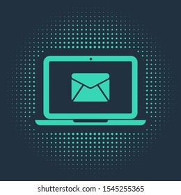 Green Laptop with envelope and open email on screen icon isolated on blue background. Email marketing, internet advertising concepts. Abstract circle random dots. Vector Illustration