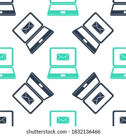 Green Laptop with envelope and open email on screen icon isolated seamless pattern on white background. Email marketing, internet advertising concepts. Vector.