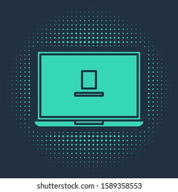 Green Laptop icon isolated on blue background. Computer notebook with empty screen sign. Abstract circle random dots. Vector Illustration