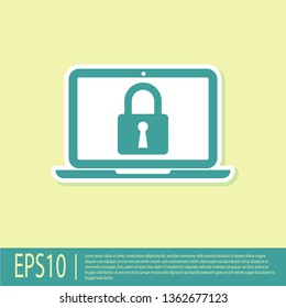 Green Laptop and lock icon isolated on yellow background. Computer and padlock. Security, safety, protection concept. Safe internetwork. Vector Illustration