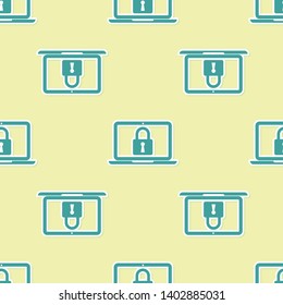 Green Laptop and lock icon isolated seamless pattern on yellow background. Computer and padlock. Security, safety, protection concept. Safe internetwork. Vector Illustration
