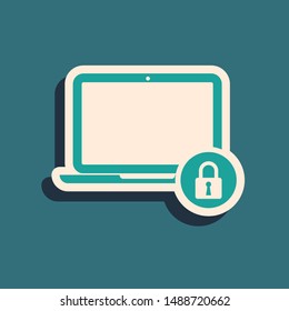 Green Laptop and lock icon isolated on blue background. Computer and padlock. Security, safety, protection concept. Safe internetwork. Long shadow style. Vector Illustration