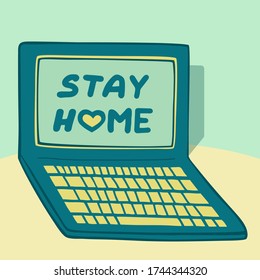 Green laptop with medicine mask vector illustration. Electronic device in vintage style. Can use for computer service, webinar, online education, logo, sticker, icon, website and mobile application