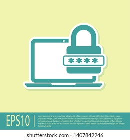 Green Laptop with password notification and lock icon isolated on yellow background. Concept of security, personal access, user authorization, login form. Vector Illustration