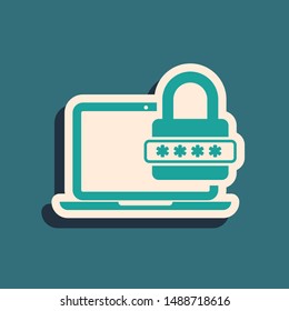 Green Laptop with password notification and lock icon isolated on blue background. Security, personal access, user authorization, login form. Long shadow style. Vector Illustration