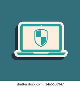 Green Laptop protected with shield icon isolated on blue background. Internet security. PC security, firewall technology, privacy safety. Long shadow style. Vector Illustration