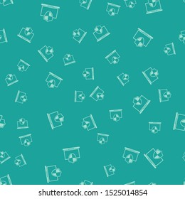 Green Laptop protected with shield icon isolated seamless pattern on green background. PC security, firewall technology, privacy safety.  Vector Illustration