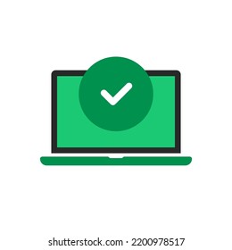 portátil verde con garrapata en círculo como completo. simple y llana autorización o registro de un elemento web de diseño de logotipo aislado en blanco. concepto de fácil acceso y actualización de programas o programas