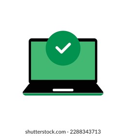 green laptop with tick in circle like complete. flat modern simple authorization or registration logotype design web element isolated on white. concept of easy access and program or os upgrade