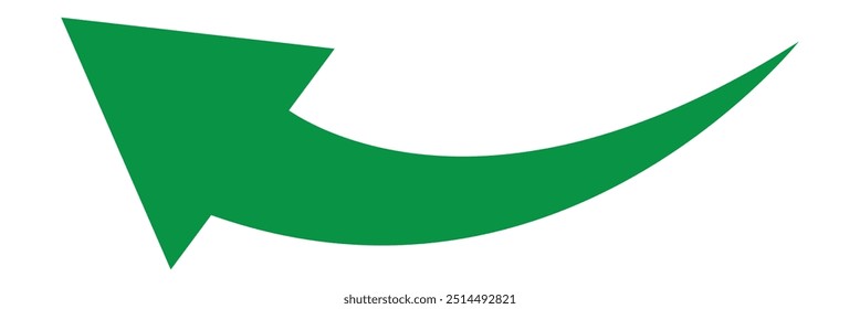 Green large long thick arrow on white background. Green long curved arrow isolated. Long arrow. Curved arrow.