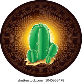 Green large Mexican cactus with sharp needles on background of stylized image of ancient Mayan calendar.
