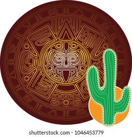 Green large Mexican cactus with sharp needles on background of stylized image of ancient Mayan calendar.

